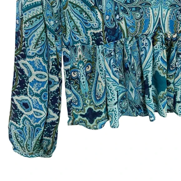 Belle Sky Women Boho Peplum Top XS Blue Teal Paisley Tie Neck Sheer Whimsy NEW - Picture 4 of 8